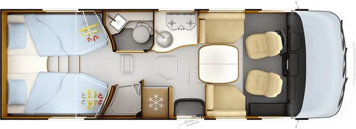 Grundriss Tag Rapido Serie M 66 Hubstützen, Bugschränke, 2xTV, Klima